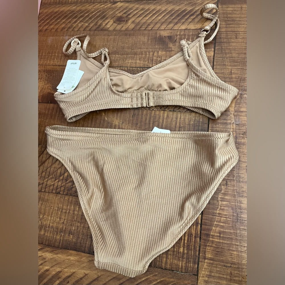 NWT Aerie FULL SET Beach Babe Shine Rib Voop Top + Full Coverage Bottom Tan - XS - Picture 3 of 4
